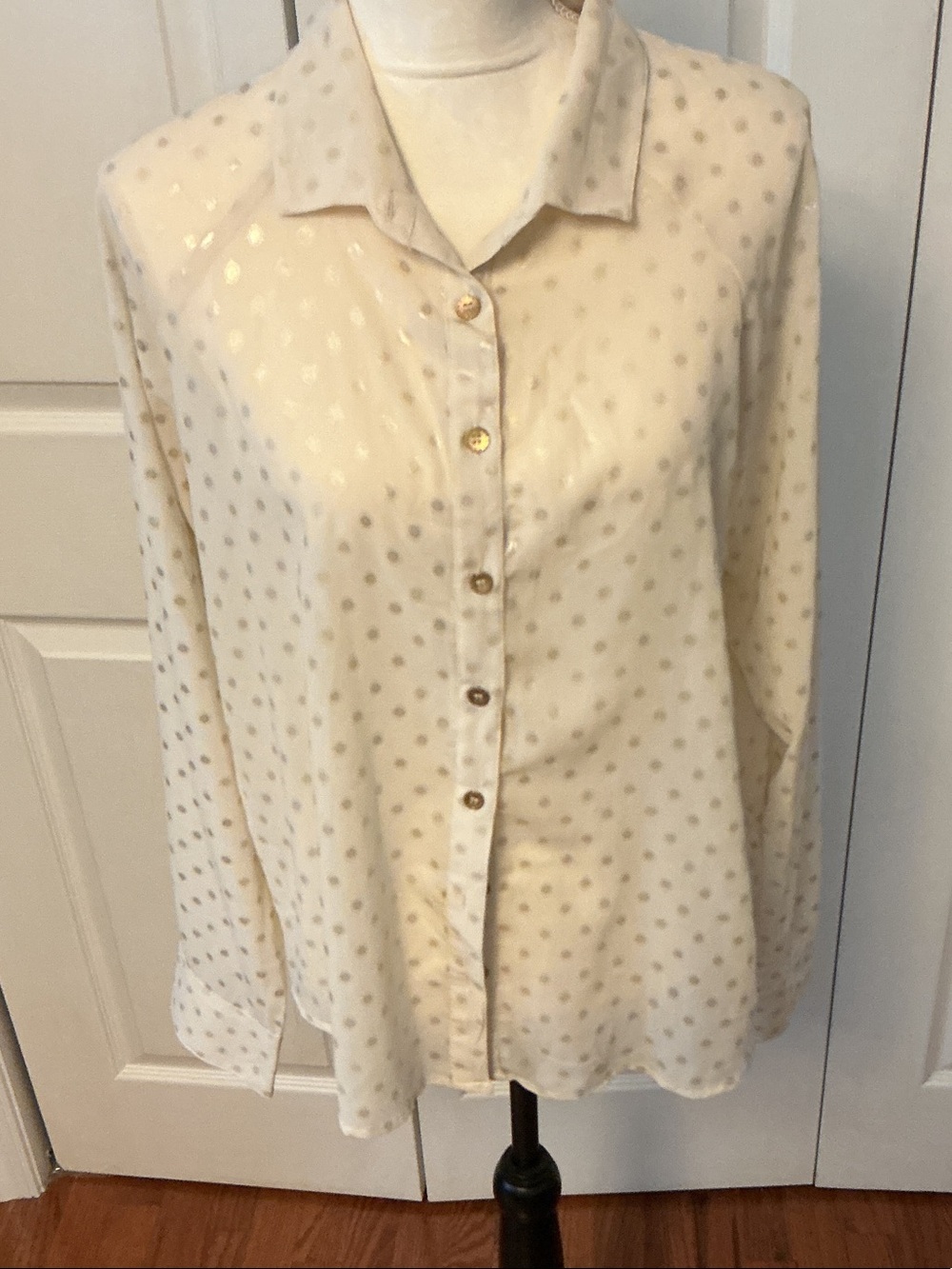 Fun & Flirt Cream Polka Dot Metallic Button-Down Blouse